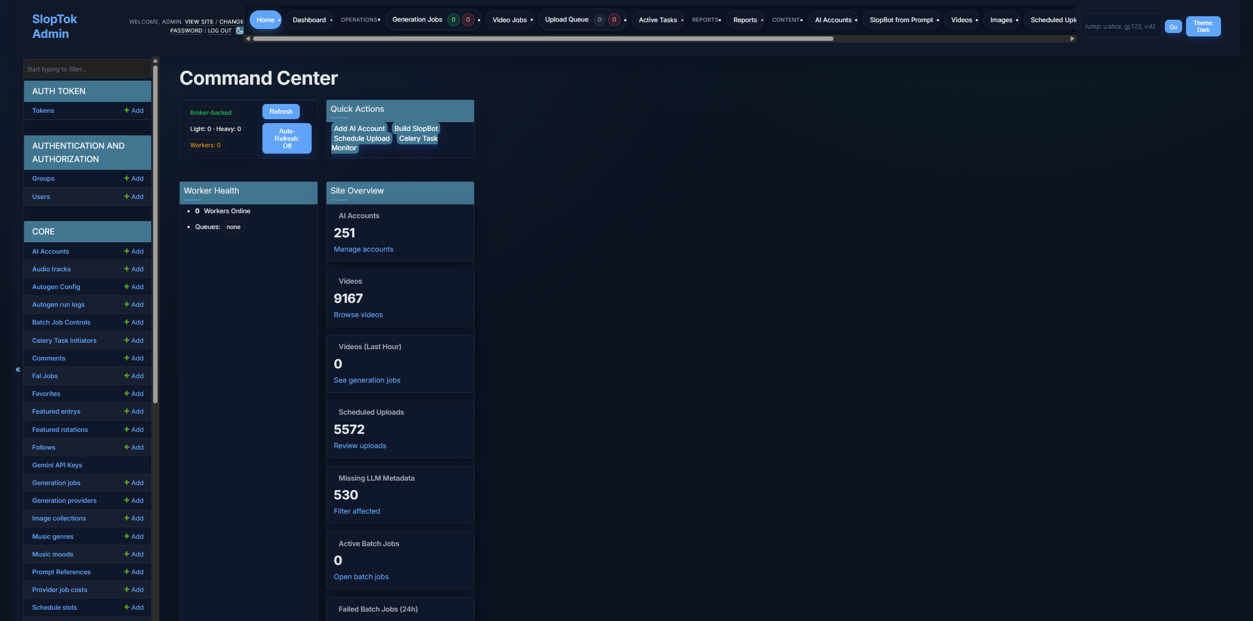 Django UI listing individual SlopBot jobs with filters and quick actions.